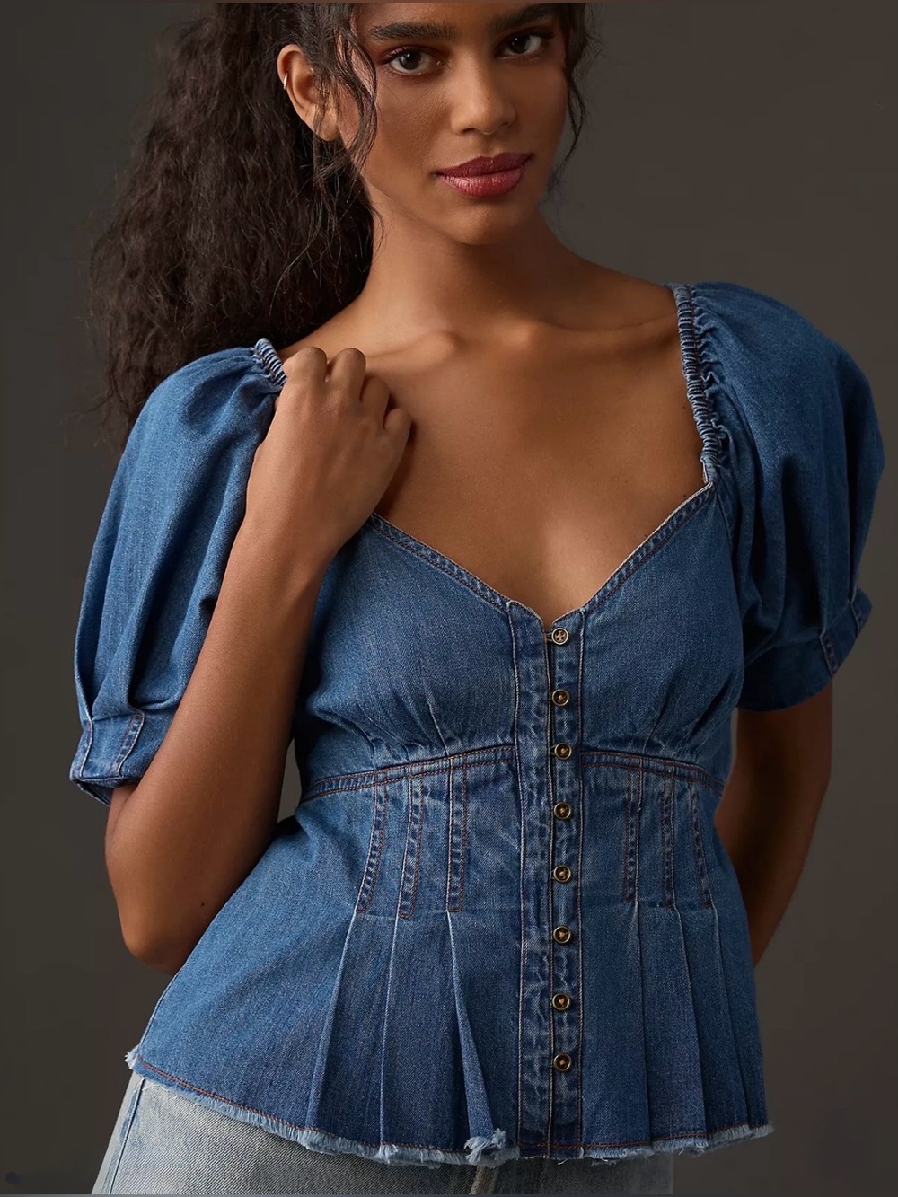 PILCRO Anthropologie Flouncy Babydoll Top Denim Cut out Back size 6 NWT $118